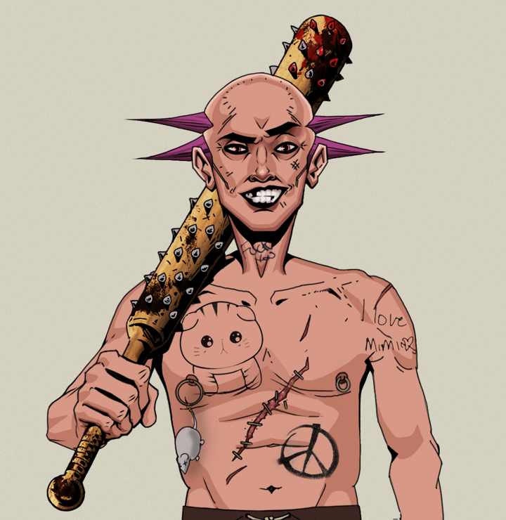 Junichiro — Degen Dojo NFT art (Shirtless Runt, Warm Grey, Degens, Recovering Alcoholic, Junichiro, Dejen Mohawk, Yakuza Club, Mint)