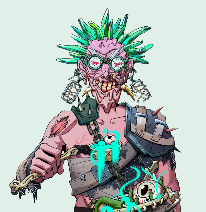 Assassin Fuzen — Degen Dojo NFT art (Iron Earrings, Teal Daytime, Demons, Dried Straw, Assassin Fuzen, Dojo Graffiti, Zapachi, Shaman Soup, Mint)