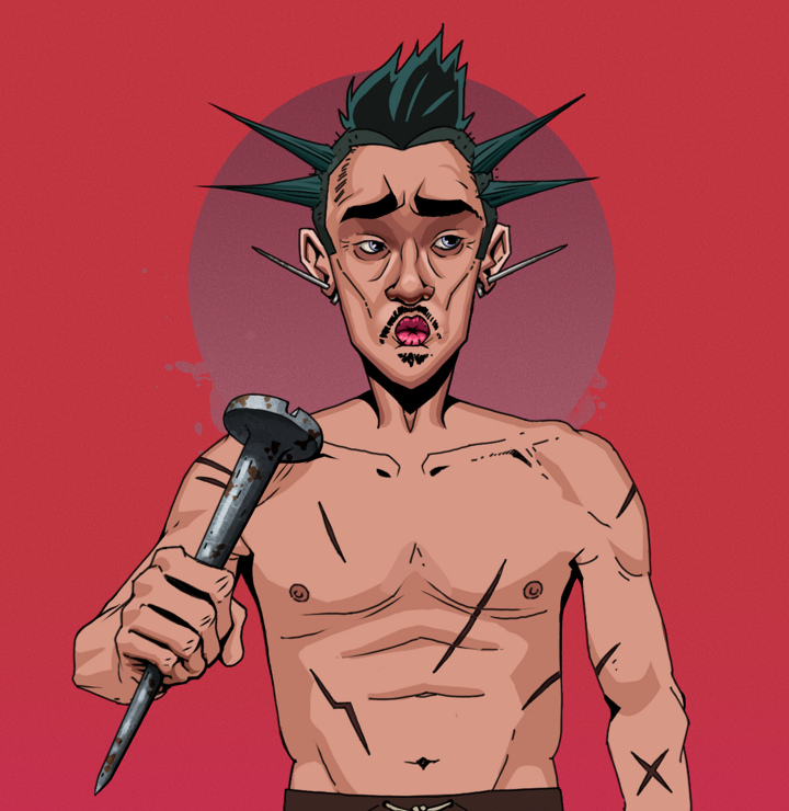 Masumi Steel — Degen Dojo NFT art (Nails, Red High Moon, Degens, Battle Scars, Masumi Steel, Shirtless Runt, Yakuza Ruffian, Rusty Nail, Mint)