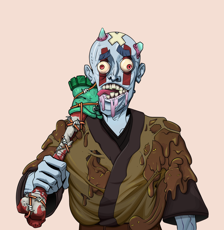 Drooling Azuma — Degen Dojo NFT art (Shirtless Runt, Orange Afternoon, Demons, Poop Pride Kimono, Drooling Azuma, Bald, Spiky Femur, Mint)