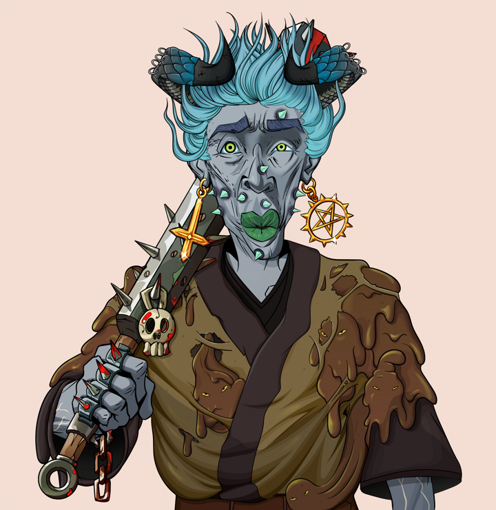 Gloomy Masumi — Degen Dojo NFT art (Golden Jesuit Crosses, Orange Afternoon, Demons, Poop Pride Kimono, Gloomy Masumi, Shirtless Runt, Black Oni Horns, Yakuza Club, Mint)