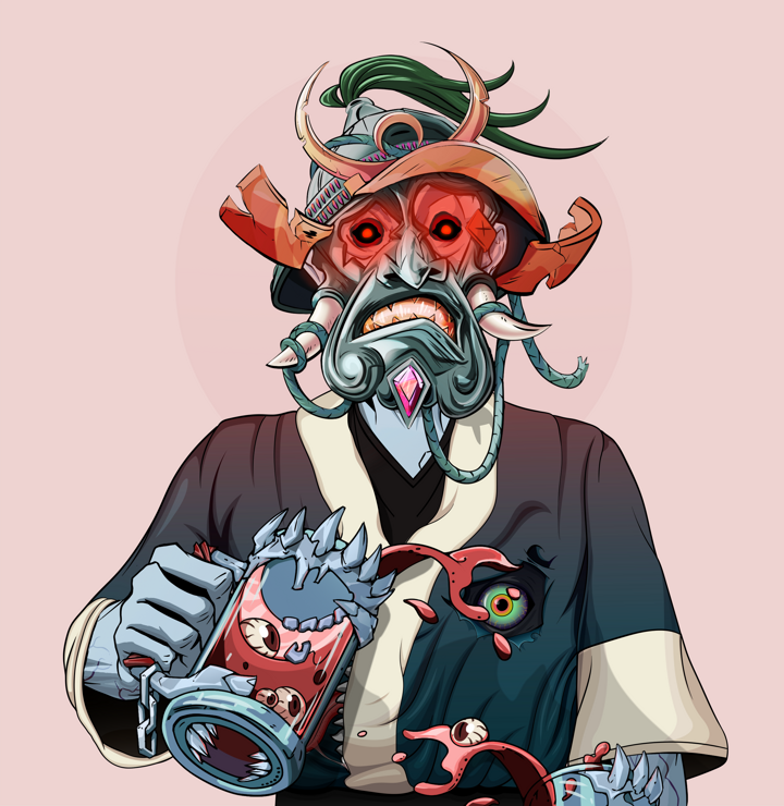 Teary Goro — Degen Dojo NFT art (Shirtless Runt, Red High Moon, Demons, Skull Kimono, Teary Goro, Tatami Kabuto, Beer Splash, Mint)