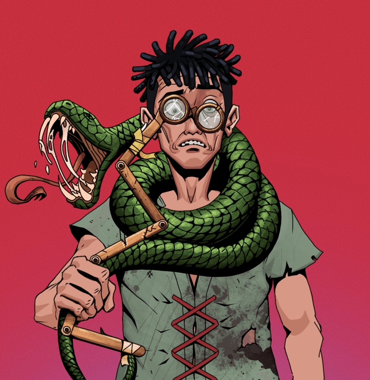 Shitless Botan — Degen Dojo NFT art (Chicken Bones, Rising Sun, Degens, Dirty Peasant Rags, Shitless Botan, Telescopic Glasses, Black Bantu Knots, Enchanted Snake, Mint)