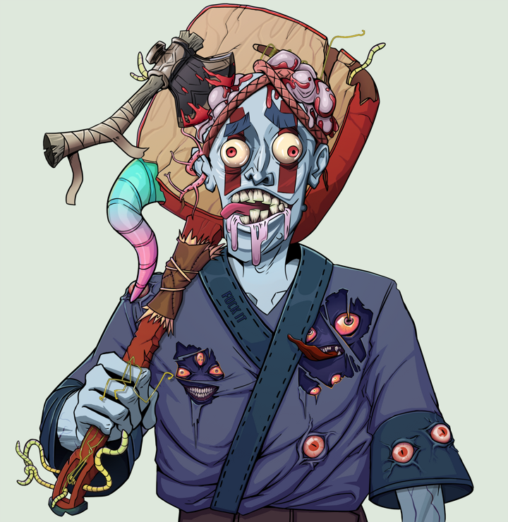 Drooling Azuma — Degen Dojo NFT art (Tassel, Olive Green, Demons, Fuck You Kimono, Drooling Azuma, Shirtless Runt, Splitting Axe Ache, Shamisen, Mint)