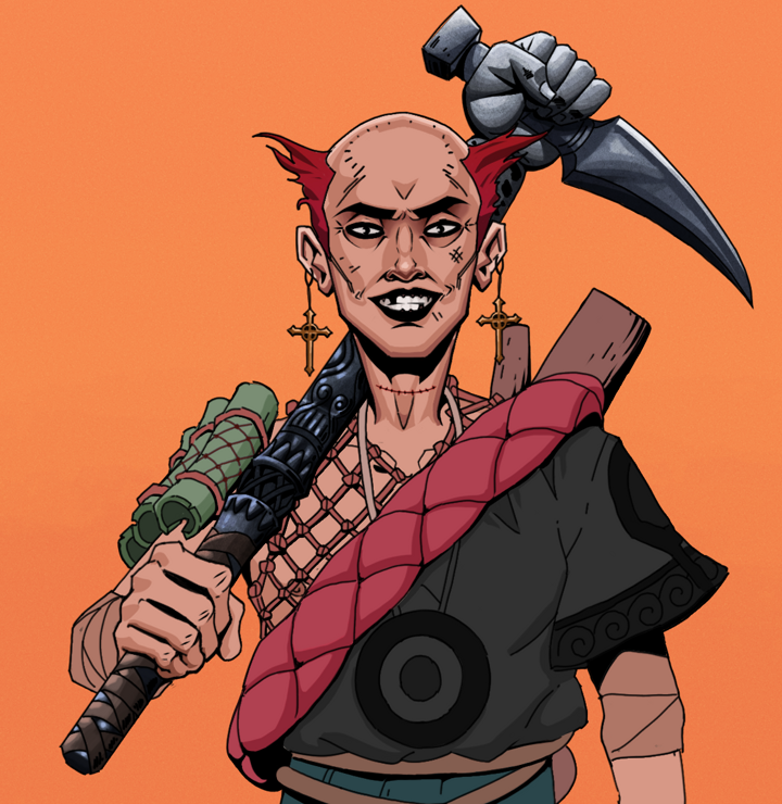 Junichiro Reborn — Degen Dojo NFT art (Jesuit Crosses, Orange Afternoon, Degens, Village Leader, Junichiro Reborn, Shirtless Runt, Red Heihachi, Stone Fist-Sickle, Mint)
