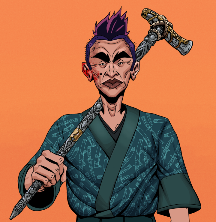 Young Yuji — Degen Dojo NFT art (Shirtless Runt, Orange Afternoon, Degens, Katanajamas Kimono, Young Yuji, Yakuza Hooligan, Artisan Walking Cane, Mint)
