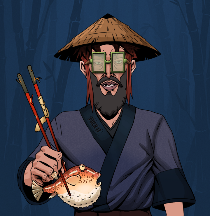 Serious Oleg — Degen Dojo NFT art (Shirtless Runt, Night Forest, Degens, Fuck You Kimono, Serious Oleg, Shoji Glasses, Rice Hat, Frightened Fugu, Mint)