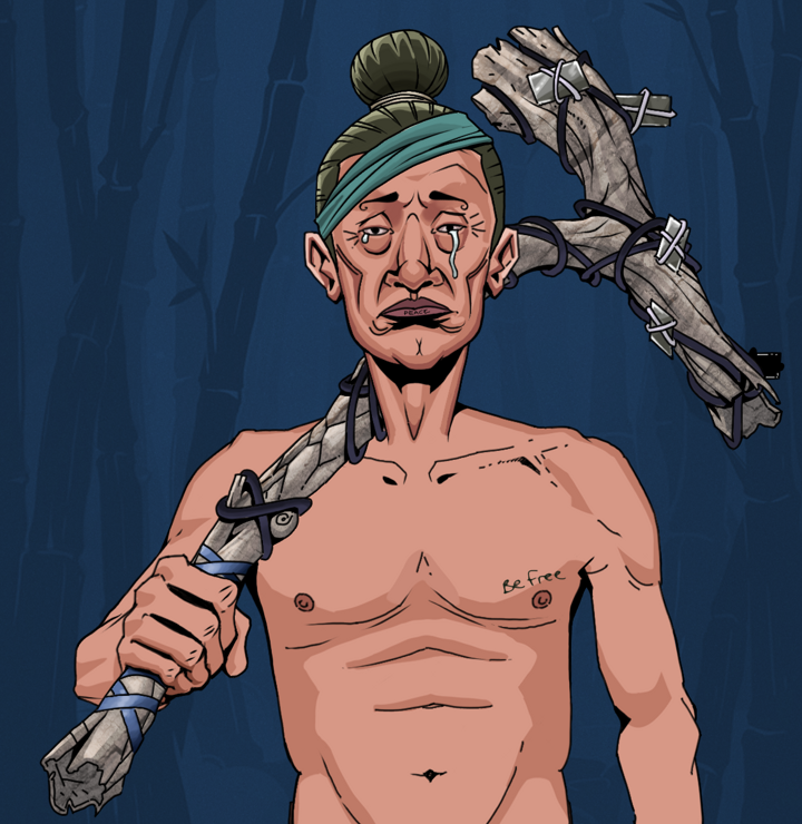 Teary Goro — Degen Dojo NFT art (Shirtless Runt, Night Forest, Degens, Nudey Freak, Teary Goro, Hair Bun, Large Branch, Mint)