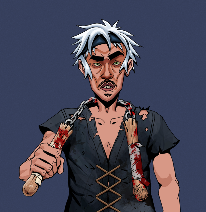 Gloomy Masumi — Degen Dojo NFT art (Shirtless Runt, Blue Evening, Degens, Black Peasant Sack, Gloomy Masumi, White Ruffian, Bloody Nunchucks, Mint)