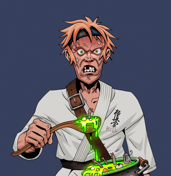 Angry Ikari — Degen Dojo NFT art (Shirtless Runt, Blue Evening, Degens, Student Gi, Angry Ikari, Tiger Headband Ruffian, Shaman Soup, Mint)