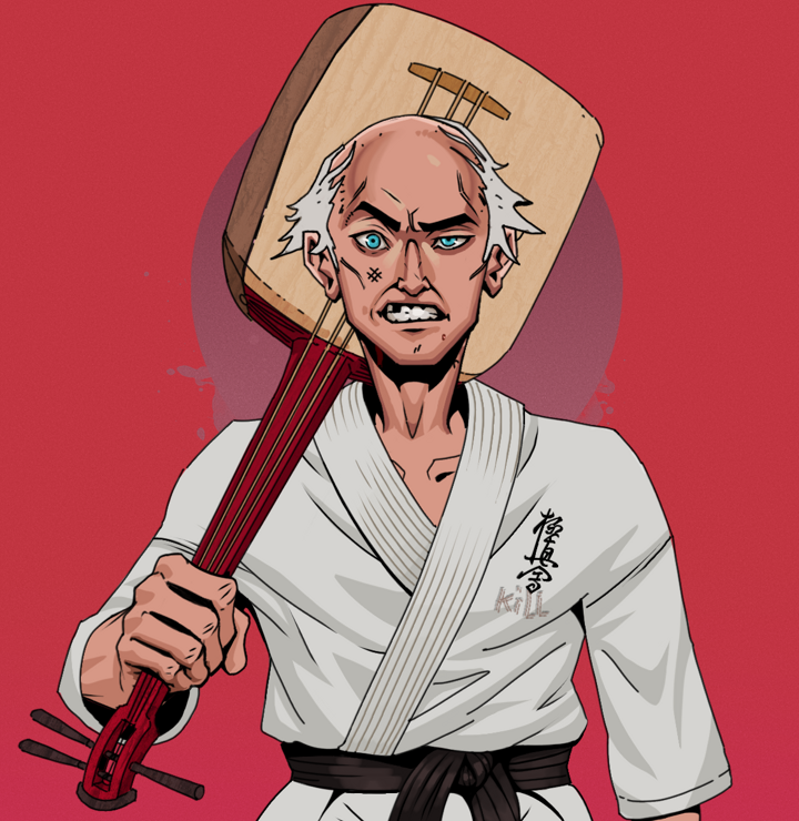 Akuma — Degen Dojo NFT art (Shirtless Runt, Red High Moon, Degens, Student Gi, Akuma, Kung Fu Master, Shamisen, Mint)