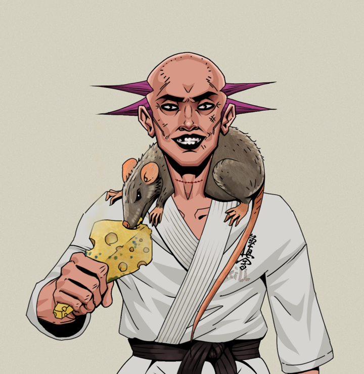 Junichiro Reborn — Degen Dojo NFT art (Shirtless Runt, Warm Grey, Degens, Student Gi, Junichiro Reborn, Dejen Mohawk, Mr. Rumi The Rat, Mint)