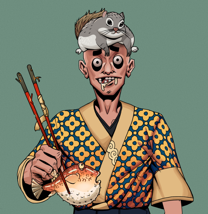 Drooling Azuma — Degen Dojo NFT art (Shirtless Runt, Olive Green, Degens, Yellow Flowers Silk Kimono, Drooling Azuma, Mr. Momonga Hat, Frightened Fugu, Mint)