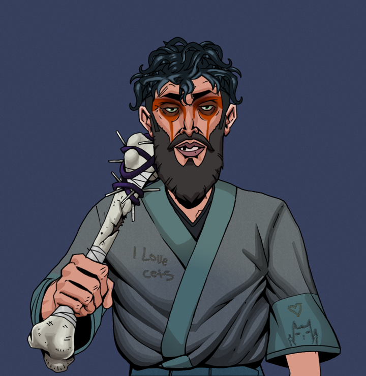 Oleg Of War — Degen Dojo NFT art (Shirtless Runt, Blue Evening, Degens, Cet Kimono, Oleg Of War, Messy, Spiky Femur, Mint)