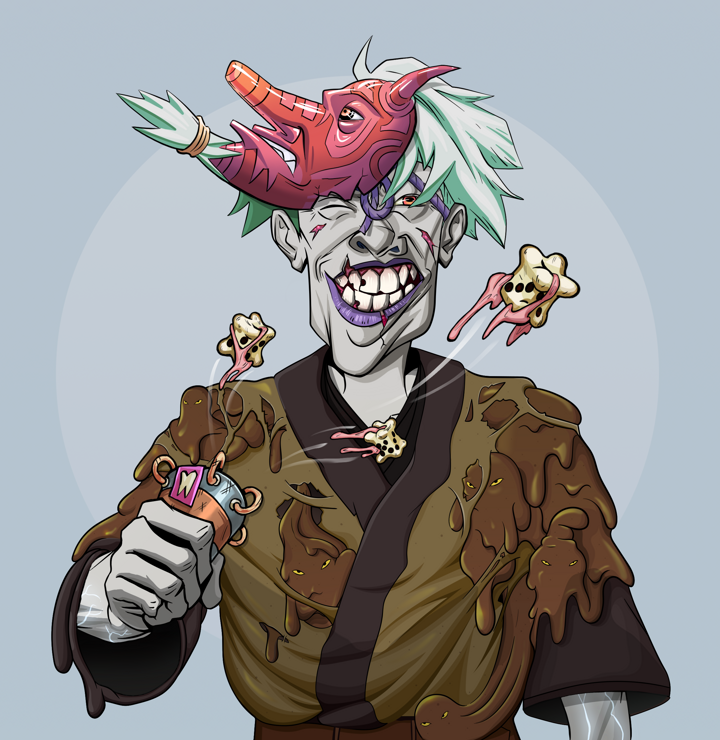 Cheery Haru — Degen Dojo NFT art (Shirtless Runt, Grey Mist, Demons, Poop Pride Kimono, Cheery Haru, Tengu Mask, Chō-Han Gambling Dice, Mint)