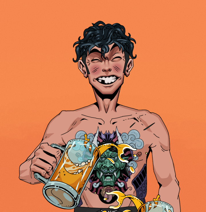 Cheery Haru — Degen Dojo NFT art (Shirtless Runt, Orange Afternoon, Degens, Blue Oni Tattoo, Cheery Haru, Messy, Beer Splash, Mint)