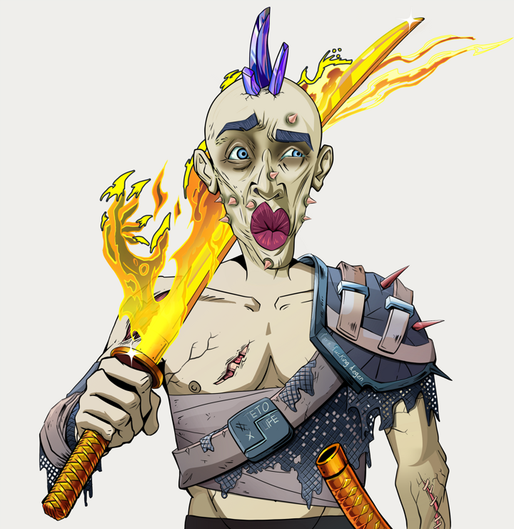 Masumi Steel — Degen Dojo NFT art (Shirtless Runt, Warm Grey, Demons, Dried Straw, Masumi Steel, Mohawk Spike, Golden Katana, Mint)