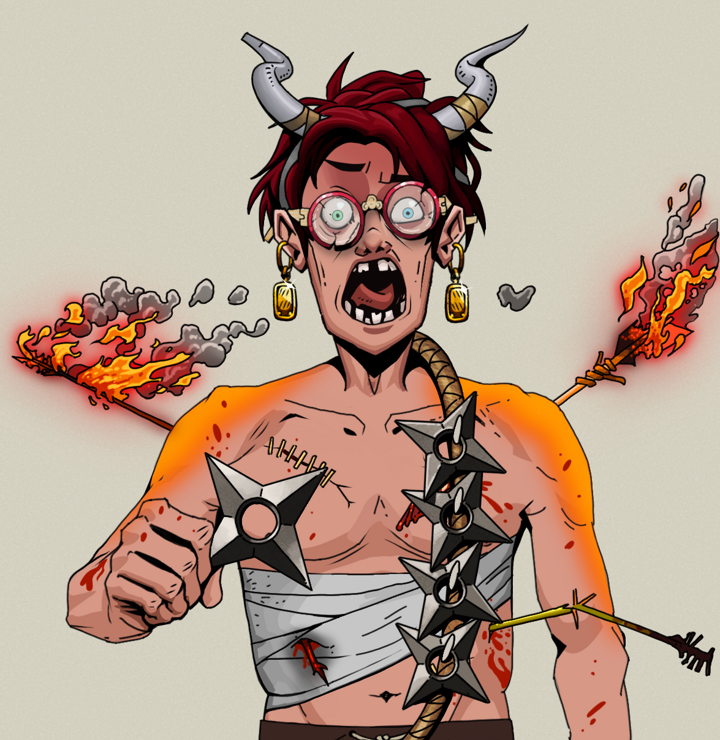Tokuda — Degen Dojo NFT art (Gold Earrings, Warm Grey, Degens, Bloody Mess, Tokuda, Broken Glasses, Grey Oni Horns, Shuriken Belt, Mint)