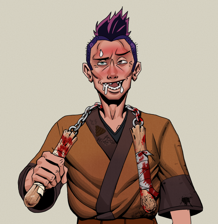 Yuuki — Degen Dojo NFT art (Shirtless Runt, Warm Grey, Degens, Poop Pride Kimono, Yuuki, Yakuza Hooligan, Bloody Nunchucks, Mint)