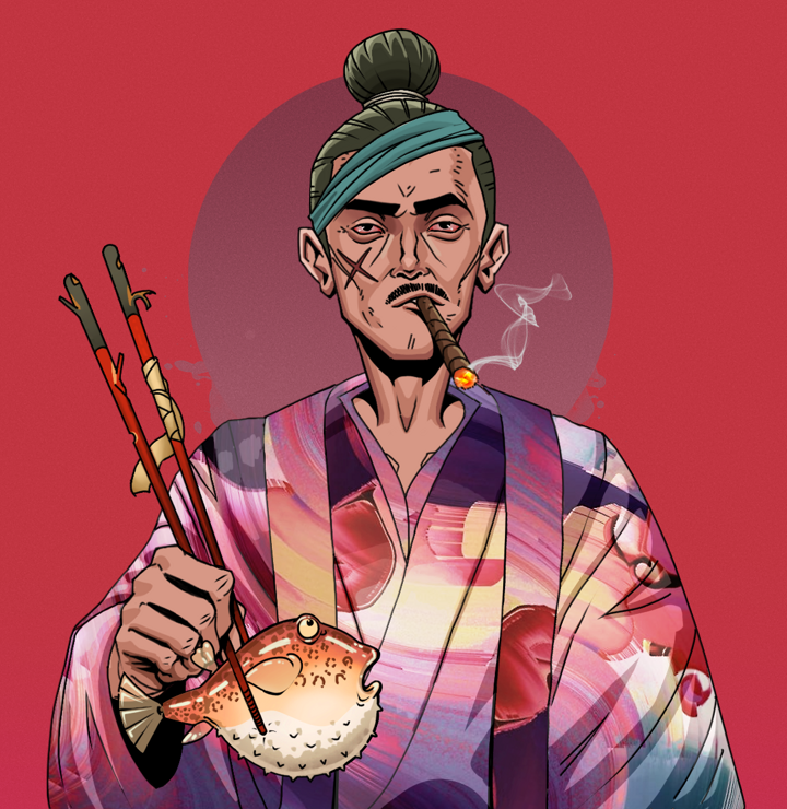 Raikou The Stoner — Degen Dojo NFT art (Shirtless Runt, Red High Moon, Degens, Autumn Sakura Kimono, Raikou The Stoner, Hair Bun, Frightened Fugu, Mint)