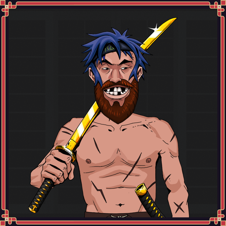 Igor The Bear — Degen Dojo NFT art (Shirtless Runt, Shoji Night, Igor The Bear, Battle Scars, Degen, Bum Headband Ruffian, Hemorrhaging Teeth Bash, Golden Katana, Framed)