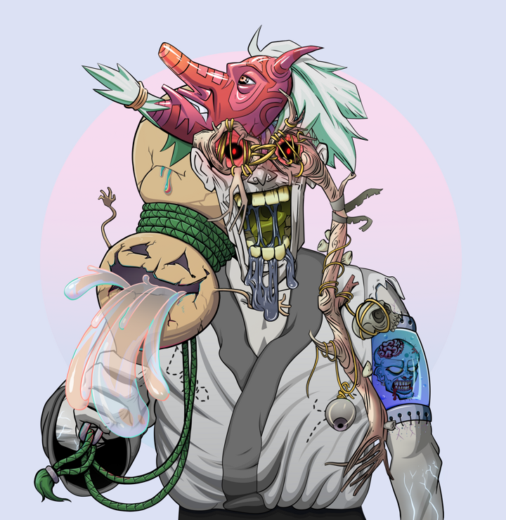 Yuuki — Degen Dojo NFT art (Shirtless Runt, Purple Night, Demons, No Honor Kimono, Yuuki, Telescopic Glasses, Tengu Mask, Giant Sake Bottle, Mint)