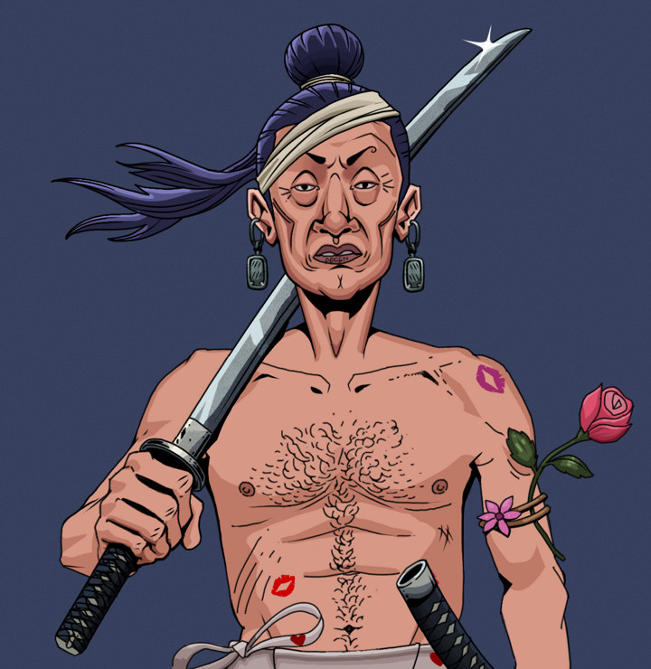 Goro — Degen Dojo NFT art (Iron Earrings, Blue Evening, Degens, Womanizer, Goro, Shirtless Runt, Long Flowing, Katana, Mint)
