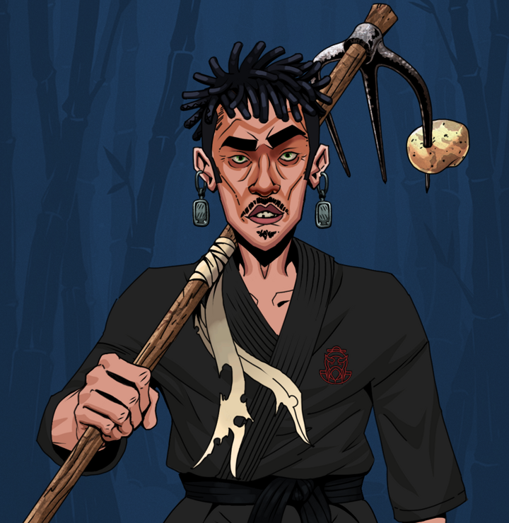 Gloomy Masumi — Degen Dojo NFT art (Iron Earrings, Night Forest, Degens, Master Black Gi, Gloomy Masumi, Shirtless Runt, Black Bantu Knots, Farmers Hoe, Mint)