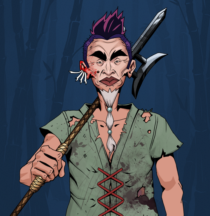 Yuji The Wise — Degen Dojo NFT art (Chicken Bones, Night Forest, Degens, Dirty Peasant Rags, Yuji The Wise, Shirtless Runt, Yakuza Hooligan, Bishamon Yari, Mint)