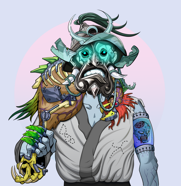 Teary Goro — Degen Dojo NFT art (Shirtless Runt, Purple Night, Demons, No Honor Kimono, Teary Goro, Black Iron Kabuto, Chicken, Mint)