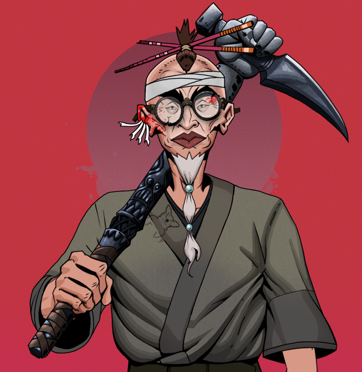 Yuji The Wise — Degen Dojo NFT art (Chicken Bones, Red High Moon, Degens, Puppy Kimono, Yuji The Wise, Bloodied Glasses, Hair Bun With Chopsticks, Stone Fist-Sickle, Mint)