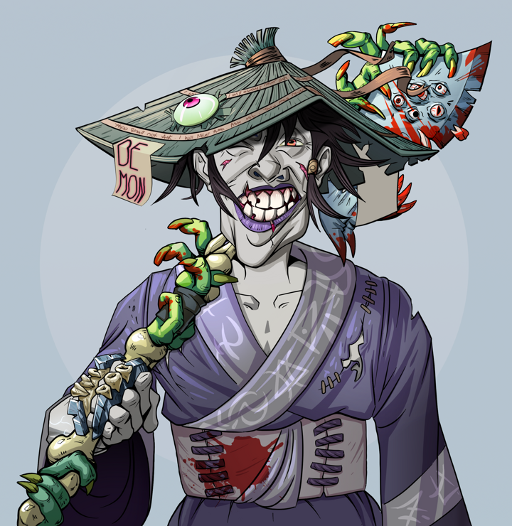 Cheery Haru — Degen Dojo NFT art (Shirtless Runt, Grey Mist, Demons, Sushi Love Loose Kimono, Cheery Haru, High Straw Rice Hat, Broken Nagatina, Mint)