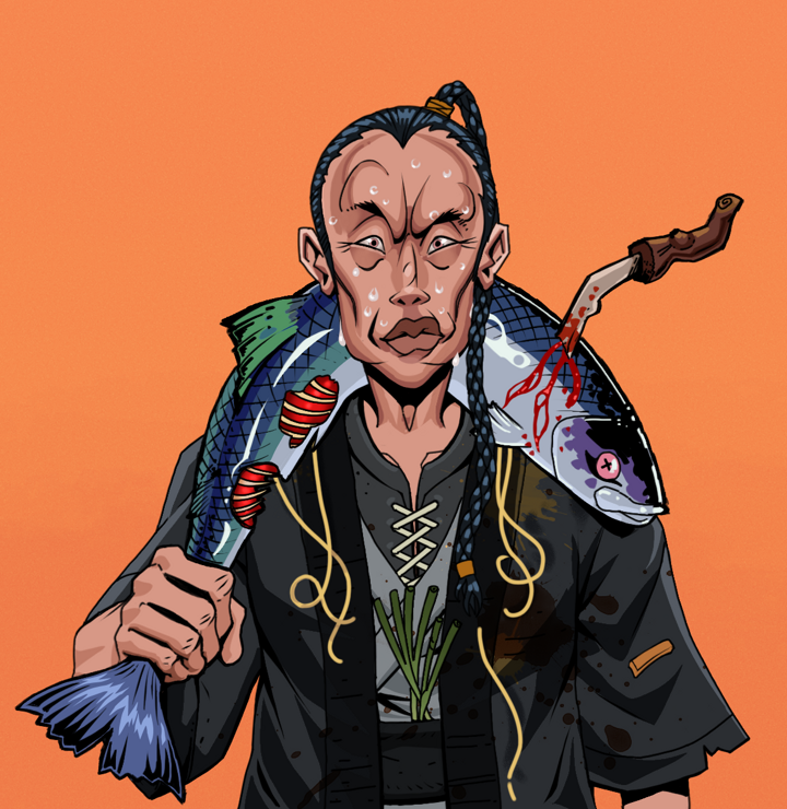 Stresshead Rin — Degen Dojo NFT art (Shirtless Runt, Orange Afternoon, Degens, Glutton Fight, Stresshead Rin, Braided Samurai Ponytail, Dead Fish, Mint)