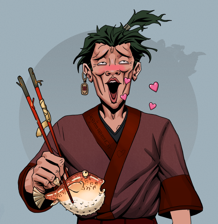 Lovey Haruto — Degen Dojo NFT art (Dojo Paper Earring, Grey Mist, Degens, Proud Dejen Kimono, Lovey Haruto, Shirtless Runt, Messy Ponytail, Frightened Fugu, Mint)