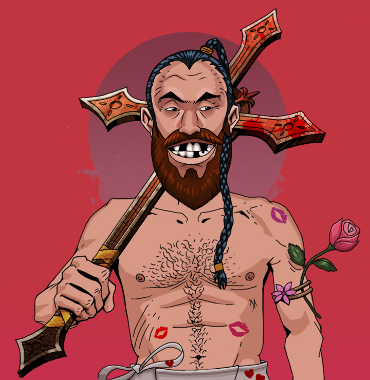 Igor The Bear — Degen Dojo NFT art (Shirtless Runt, Red High Moon, Degens, Womanizer, Igor The Bear, Braided Samurai Ponytail, Jesuit Bloody Cross, Mint)