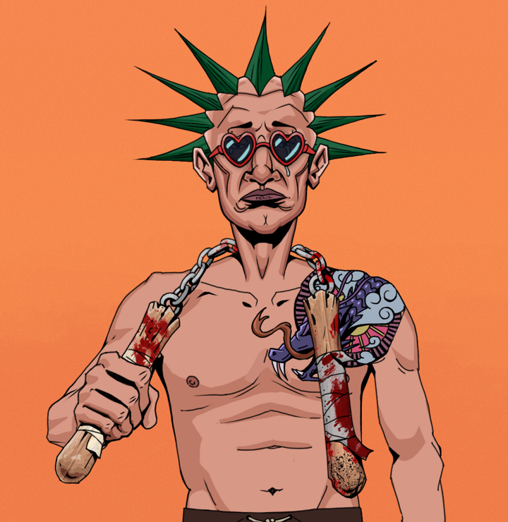 Teary Goro — Degen Dojo NFT art (Shirtless Runt, Orange Afternoon, Degens, Dragon Head Tattoo, Teary Goro, Loveheart Shades, Zapachi, Bloody Nunchucks, Mint)
