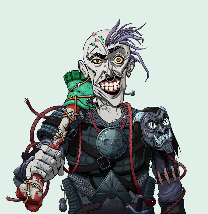 Junichiro — Degen Dojo NFT art (Shirtless Runt, Teal Daytime, Demons, Black Iron Tosei Gusoku, Junichiro, Yakuza Hooligan, Spiky Femur, Mint)