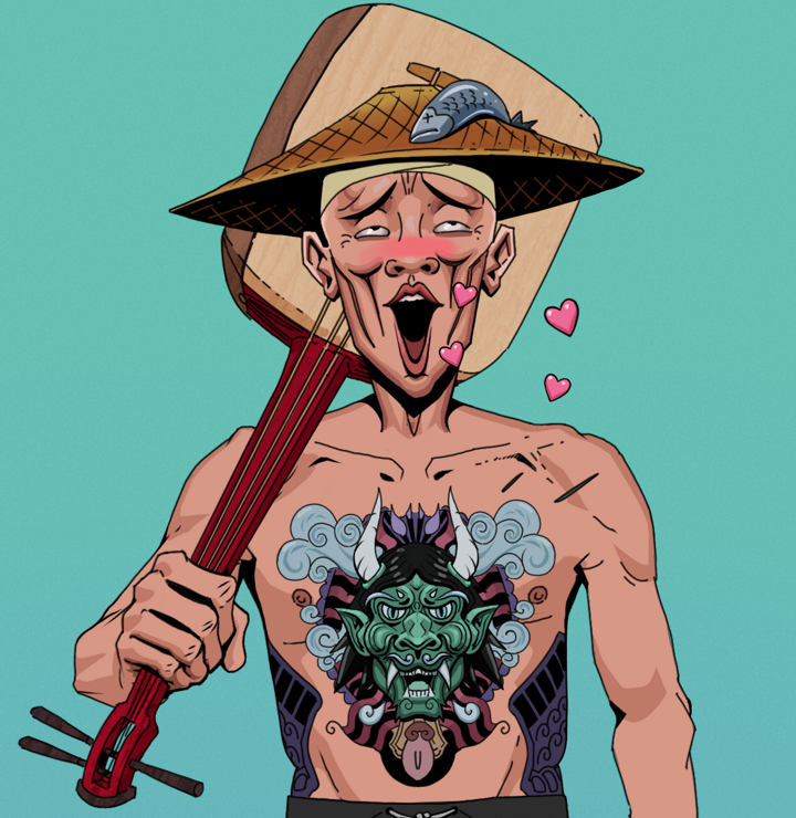 Lovey Haruto — Degen Dojo NFT art (Shirtless Runt, Teal Daytime, Degens, Blue Oni Tattoo, Lovey Haruto, Wide Kasa Fisherman, Shamisen, Mint)