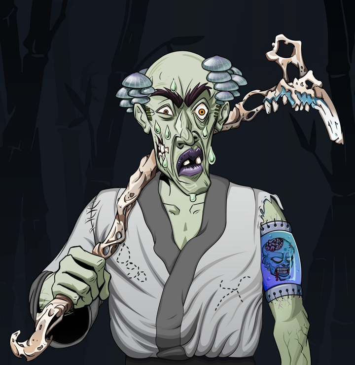 Stresshead Rin — Degen Dojo NFT art (Shirtless Runt, Night Forest, Demons, No Honor Kimono, Stresshead Rin, Kung Fu Master, Artisan Walking Cane, Mint)