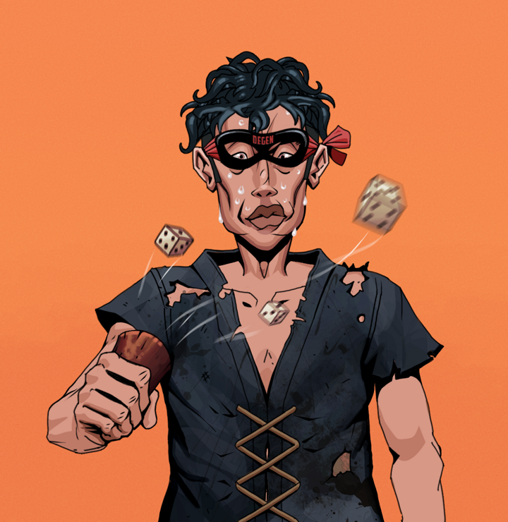 Stresshead Rin — Degen Dojo NFT art (Shirtless Runt, Orange Afternoon, Degens, Black Peasant Sack, Stresshead Rin, Degen Superhero, Messy, Chō-Han Gambling Dice, Mint)