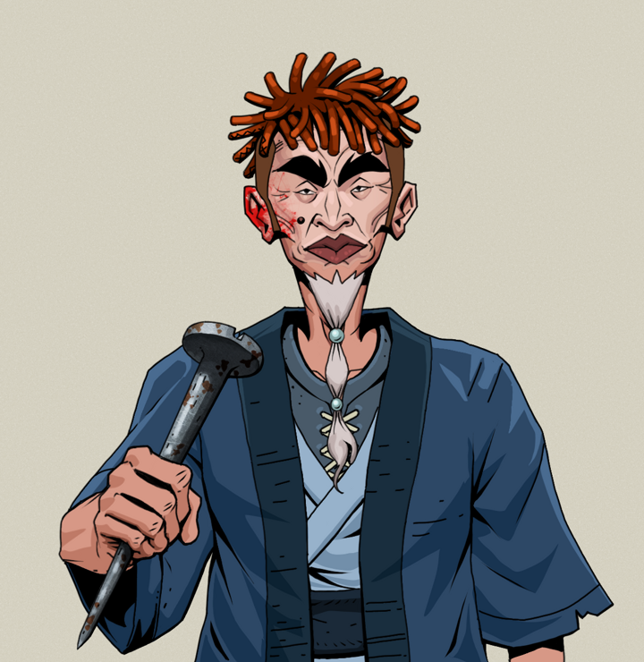 Yuji The Wise — Degen Dojo NFT art (Shirtless Runt, Warm Grey, Degens, Blue Warrior Kimono, Yuji The Wise, Orange Bantu Knots, Rusty Nail, Mint)