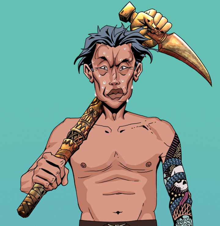 Stresshead Rin — Degen Dojo NFT art (Shirtless Runt, Teal Daytime, Degens, Skull Sleeve, Stresshead Rin, Wavy, Bronze Fisted Sickle, Mint)
