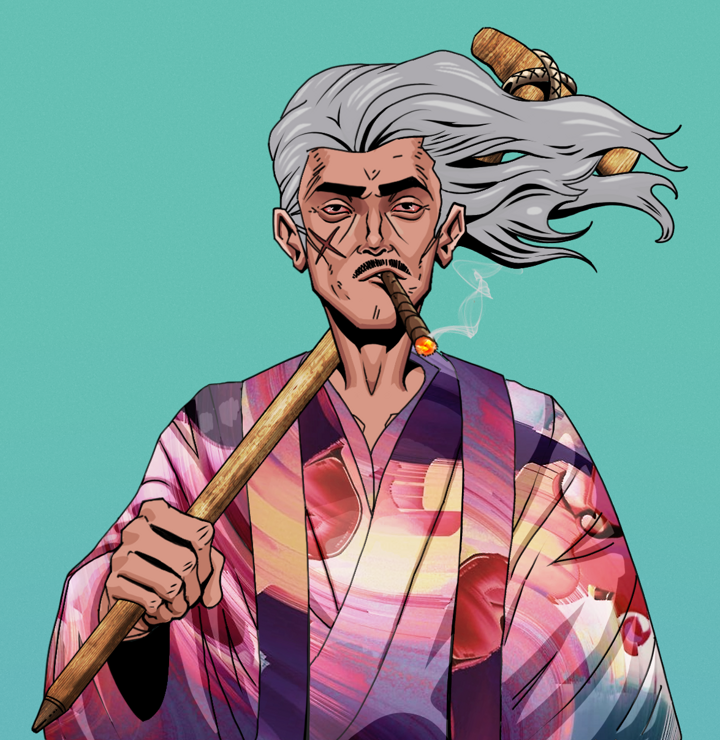 Raikou The Stoner — Degen Dojo NFT art (Shirtless Runt, Teal Daytime, Degens, Autumn Sakura Kimono, Raikou The Stoner, Wise Greatness, Wooden Walking Cane, Mint)