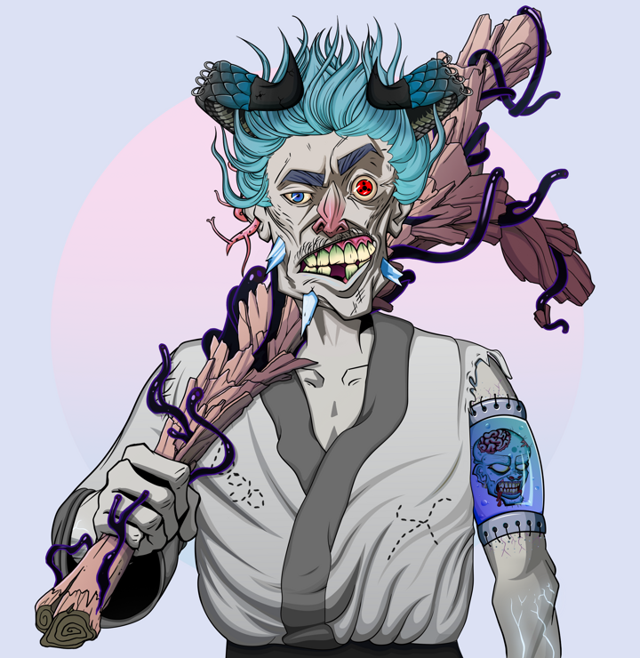 Akuma — Degen Dojo NFT art (Tassel, Purple Night, Demons, No Honor Kimono, Akuma, Shirtless Runt, Black Oni Horns, Large Branch, Mint)