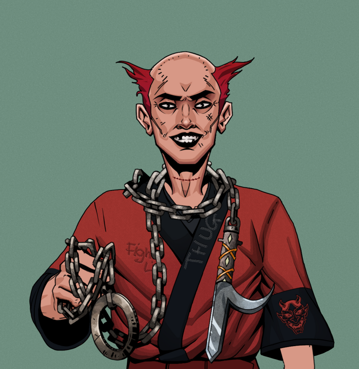 Junichiro Reborn — Degen Dojo NFT art (Shirtless Runt, Olive Green, Degens, Red Oni Kimono, Junichiro Reborn, Red Heihachi, Heavy Kyoketsu, Mint)
