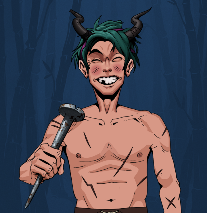 Cheery Haru — Degen Dojo NFT art (Shirtless Runt, Night Forest, Degens, Battle Scars, Cheery Haru, Black Oni Horns, Rusty Nail, Mint)