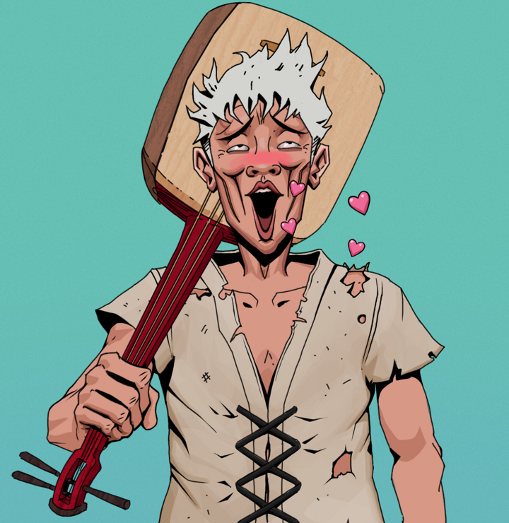 Lovey Haruto — Degen Dojo NFT art (Shirtless Runt, Teal Daytime, Degens, Rice Sack Rags, Lovey Haruto, Short Spiky Grey, Shamisen, Mint)