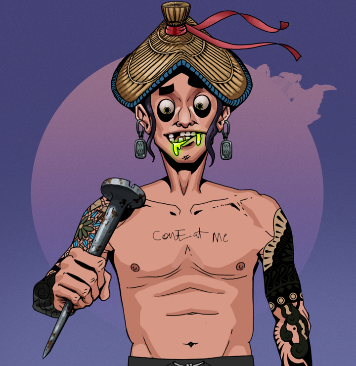 Toxic Azuma — Degen Dojo NFT art (Iron Earrings, Purple Night, Degens, Black Yakuza Sleeves, Toxic Azuma, Shirtless Runt, High Straw Rice Hat, Rusty Nail, Mint)