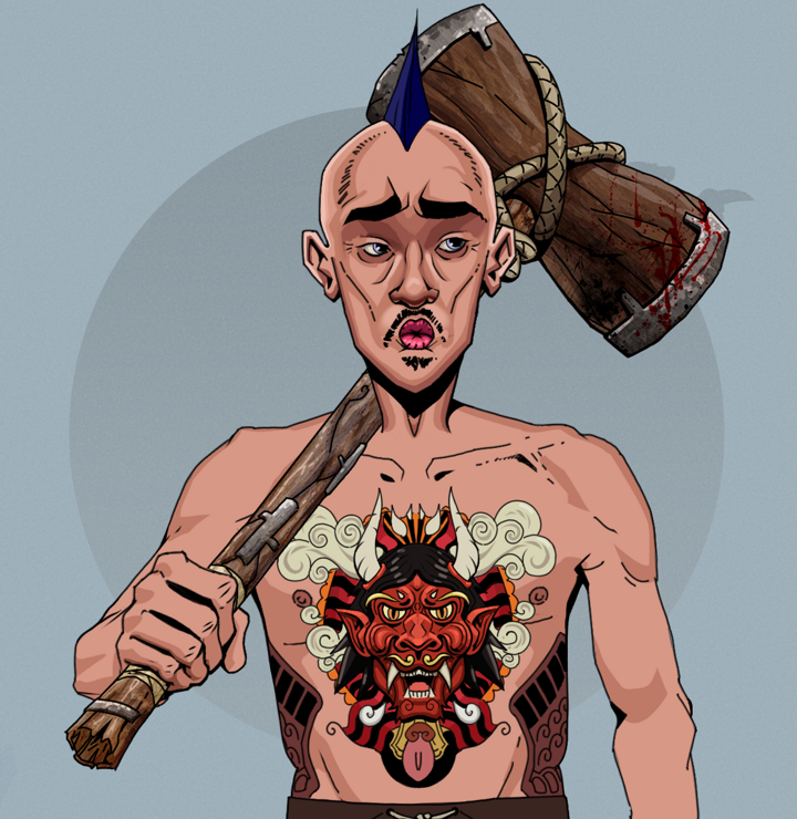 Masumi Steel — Degen Dojo NFT art (Shirtless Runt, Grey Mist, Degens, Red Oni Tattoo, Masumi Steel, Mohawk Spike, Wooden Warhammer, Mint)