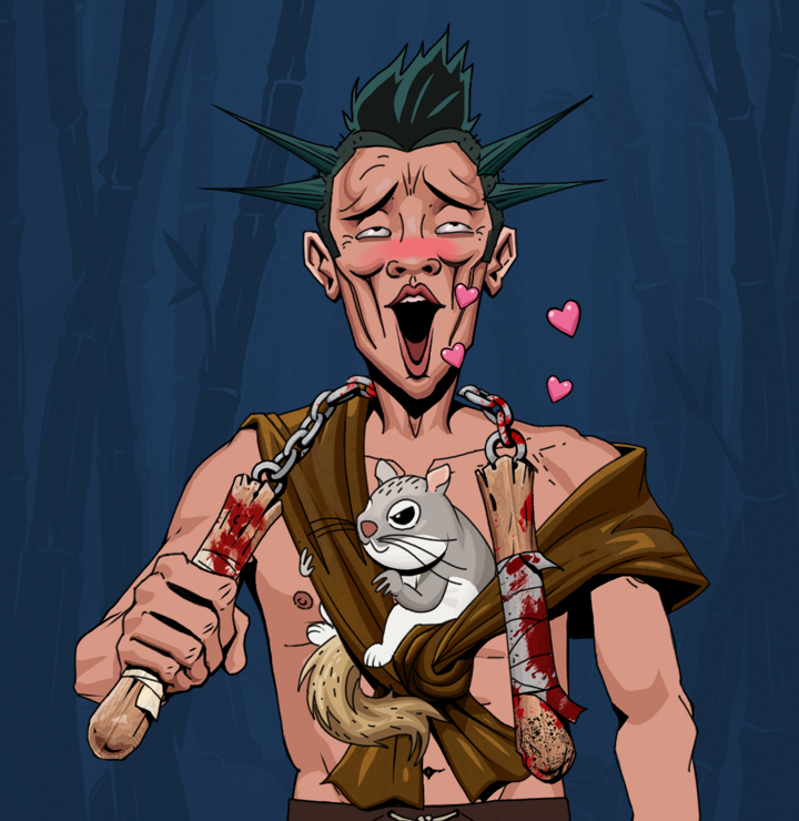 Lovey Haruto — Degen Dojo NFT art (Shirtless Runt, Night Forest, Degens, Little Momonga Friend, Lovey Haruto, Yakuza Ruffian, Bloody Nunchucks, Mint)